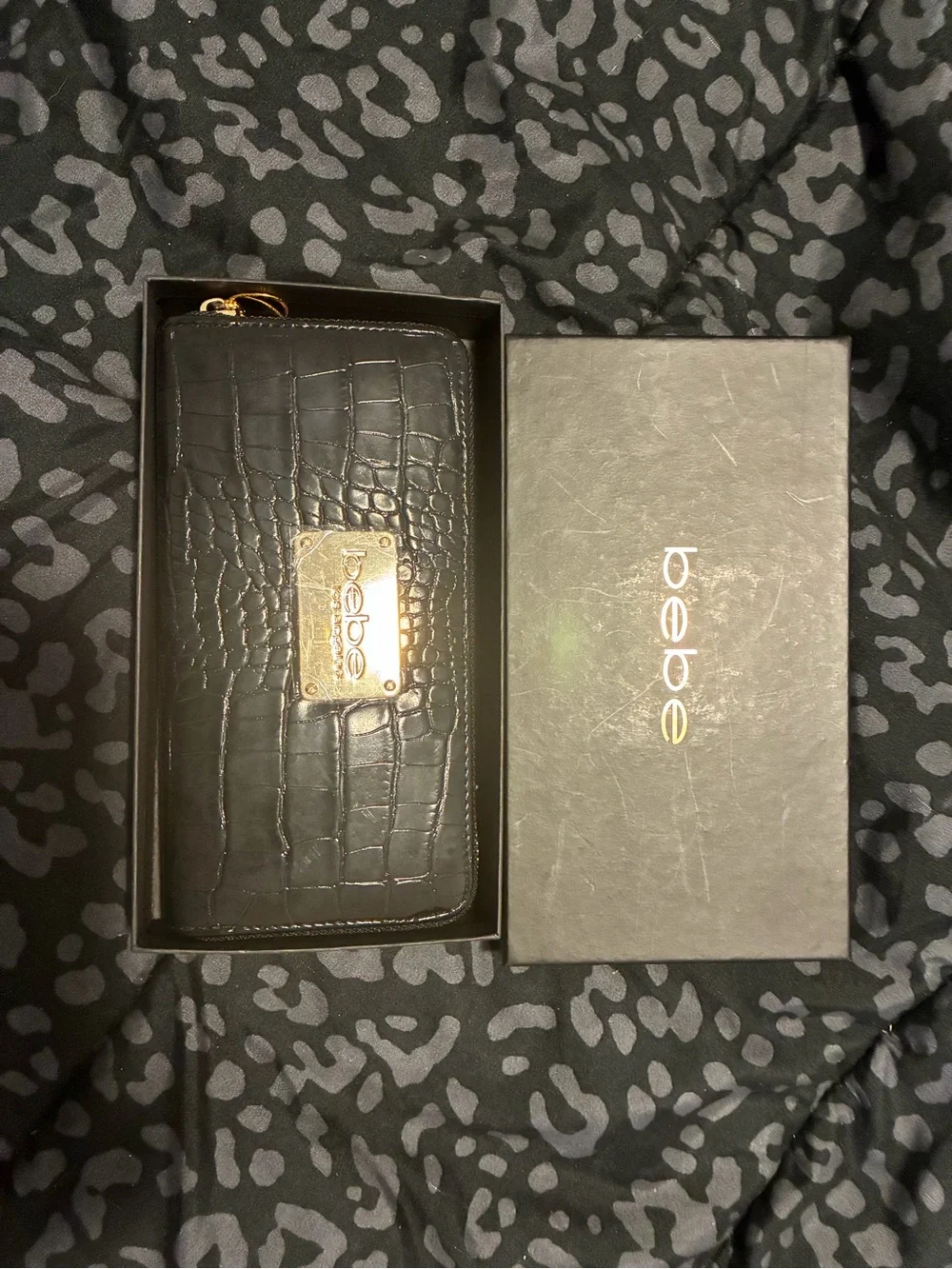 bebe Black Croc-Embossed Zip Wallet with Gold Plate